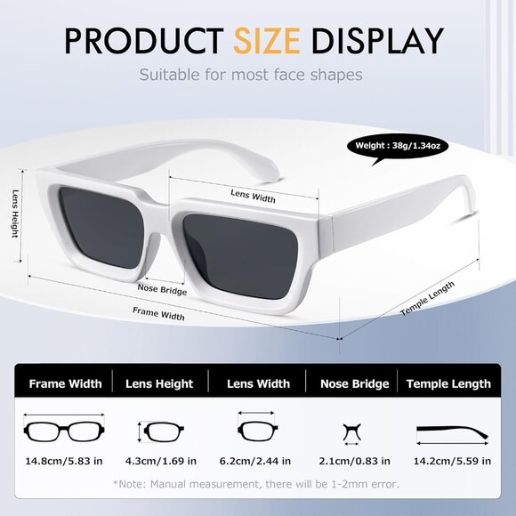 ✨Women\'s White Rectangle Sunglasses Small Square Thick Frame Shades Sunglasses